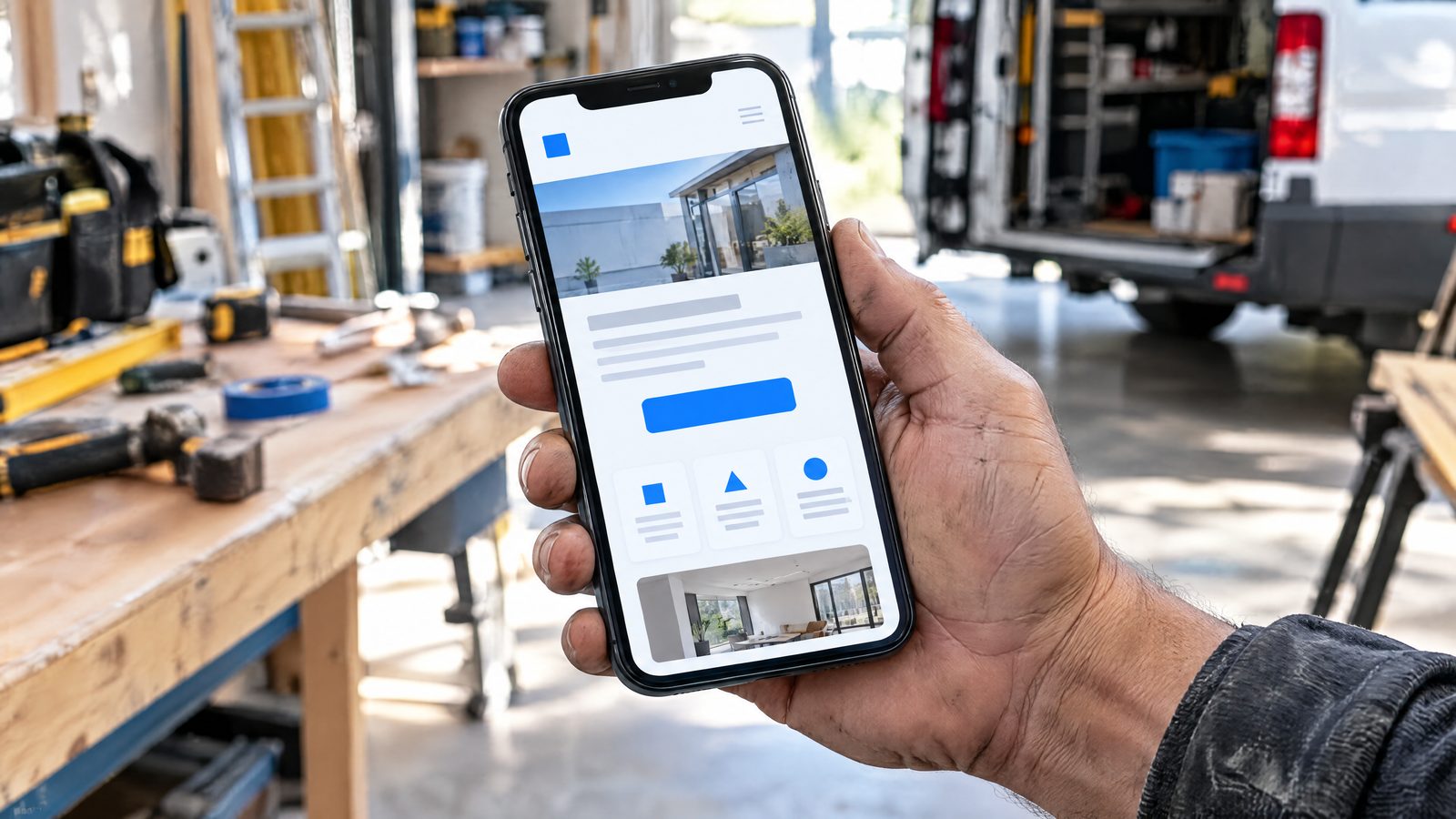 Handwerker hält ein Handy mit seiner Website in der Werkstatt